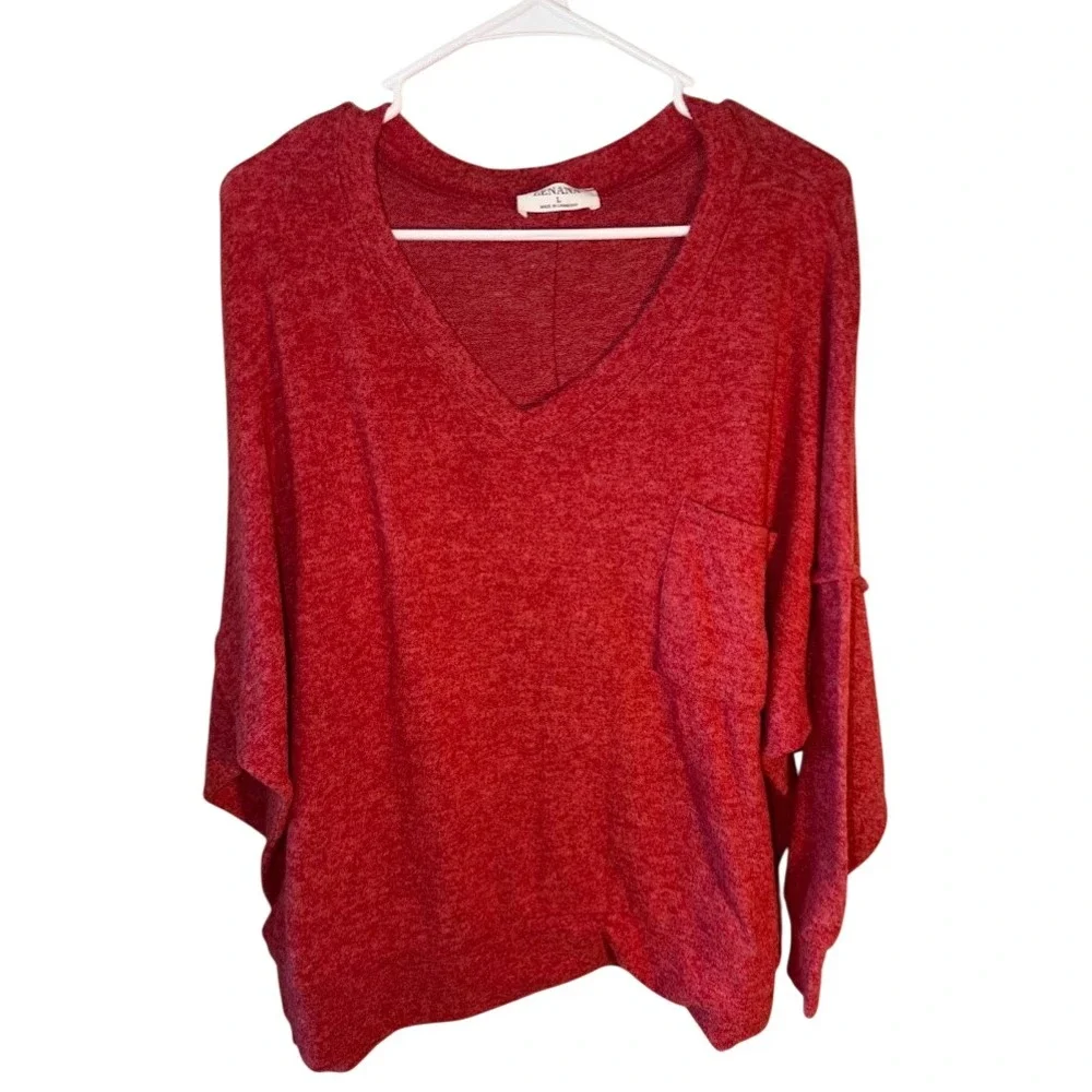 Zenana Womens Red Heathered V-Neck Oversized Dolman Sweater Size L Q0540
